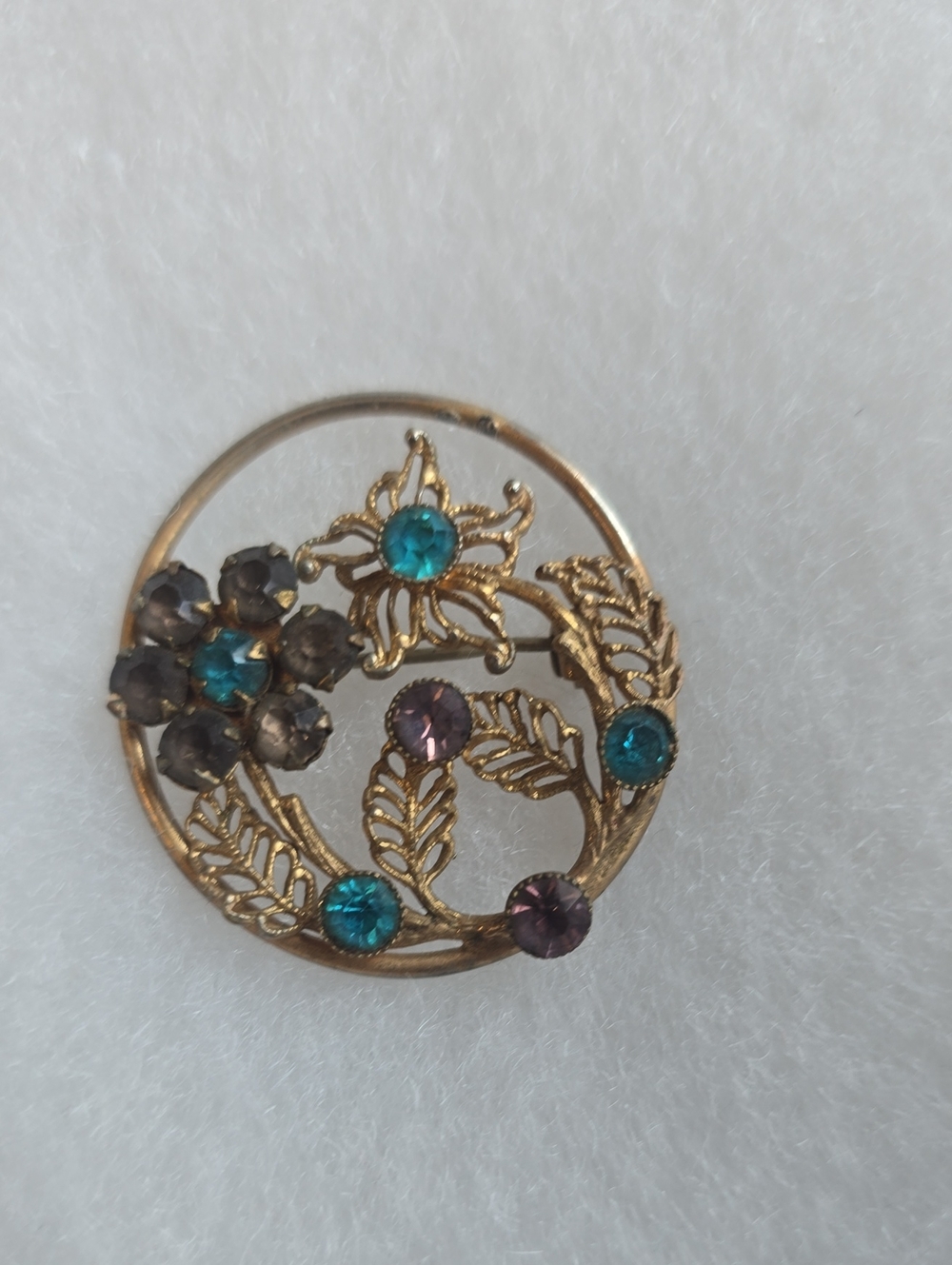 Gold-Tone Floral Crystal Brooch with Teal and Amethyst Stones